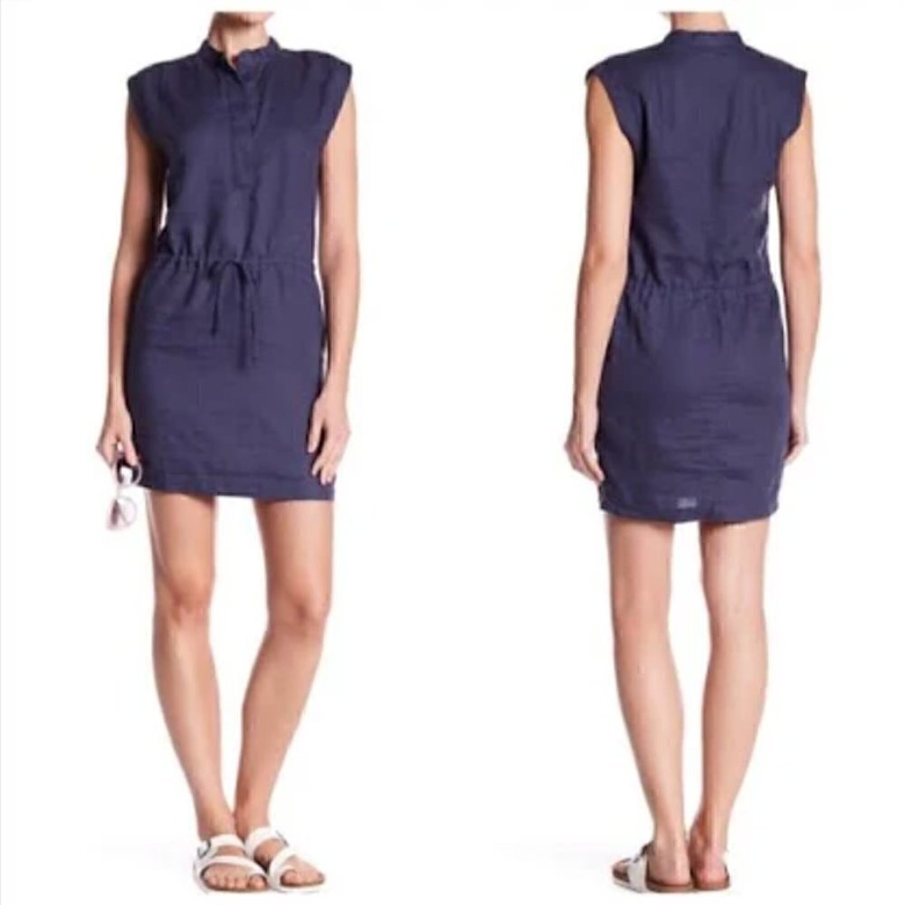 James Perse Linen Dress 2 M Drawstring Waist Sleeveless Blue Luxury Nautical